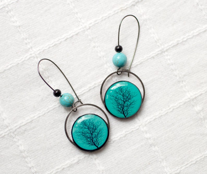 Tree of life earrings, Tree earrings, Turquoise earrings, Tree of life jewelry, Black tree branch earrings, Turquoise tree of life 