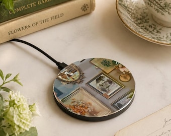 Cargador inalámbrico Cottagecore, base de carga Qi de pared estilo galería vintage, cargador de teléfono con diseño floral.