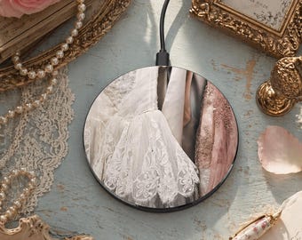 Ładowarka bezprzewodowa do sukni ślubnej z koronką w stylu vintage, podkładka ładująca do zdjęć sukni ślubnej, romantyczny prezent dla panny młodej, dekoracja biurka weselnego