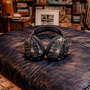 Könnte beinhalten: Dunkelgrauer Over-Ear-Kopfhörer mit transparenten Ohrmuscheln, die ein Stadtbildmuster aufweisen. Der Kopfhörer liegt auf einem dunkelblauen Lederhocker. Im Hintergrund sind Bücherregale zu sehen.