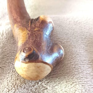 Könnte beinhalten: Ein handgefertigter Holzspazierstock mit einer natürlichen, organischen Form. Der Stock hat eine glatte, polierte Oberfläche mit verschiedenen Braun- und Beigetönen, die die Holzmaserung und die Knoten hervorheben. Der Griff hat ein einzigartiges, abgerundetes Design.