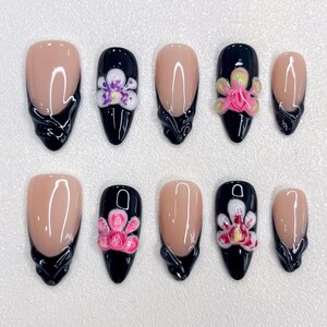 Black Creative French Floral Press On Nails | 3D Sculpted Flower Accent | Handmade Unique False Nails | Almond Shape