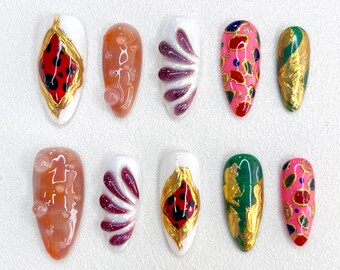 Abstract Gold Leaf Press On Nails: 3D Sculpted Almond Nail Set
