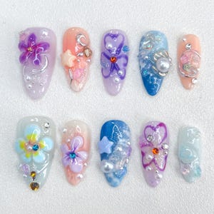Pastel Starry Sky Press On Nails, Sparkly Pearl Star Nails, Premium Acrylic Nails, Party Wedding Nail Art.