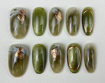 Jade Press On Nails: Spring Green Almond, Reusable Acrylic Nails