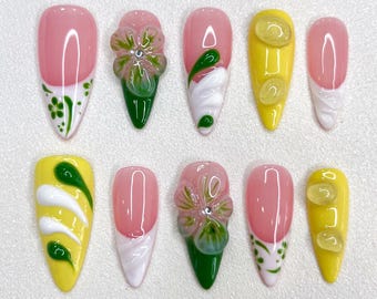 Spring Floral Press On Nails: Pink & Green 3D Flower Nail Art