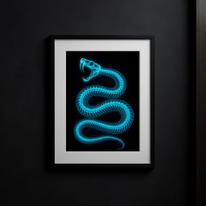 Può includere: Stampa artistica incorniciata con una radiografia blu neon di un serpente su sfondo nero. Il serpente è arrotolato, con la bocca aperta, che mostra le zanne. L'opera è presentata in una cornice nera con un passe-partout bianco.