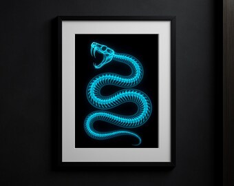 X-Ray Snake Print | Neon Blue Skeleton Art | Anatomy Poster | Digital Download | Modern Wall Decor | Reptile Art