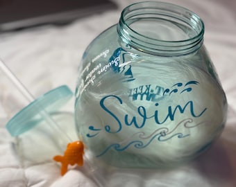 NEW! 2026 “SWIM” Themed Novelty Drinking Cup, 40 oz Fish Bowl Shaped, Light Blue, Super Cute 6x5.5x4, Plastic
