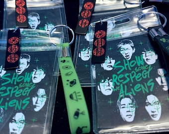 NEW* 2026 [Set of 8] ALIENS themed pic card on Alien wrist lanyard (themed with symbols) And a Logo charm. Great for concert Freebies.