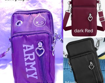 2026 CROSSBODY/Palm Held 4.5x6 Purple/Black or Red Bag, w/ARMY and Van Vinyl on front and Concert Year, Name & OT7 on Strap