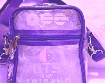 NEW! 2026 Bag, Concert Crossbody, 6.5x8, Adjustable strap, Clear Bag with Purple Trim, Vinyl Design on front and back