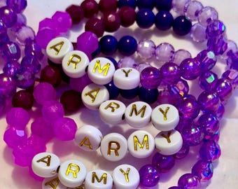 Set of 10 ARMY Bracelets, Six Shades of Purple Beads, Concert Freebies