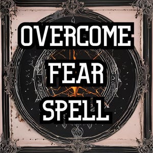 Puede incluir: Gráfico en blanco y negro con un diseño circular y el texto "OVERCOME FEAR SPELL" en letras blancas.