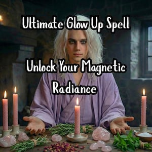 May include: A person with long white hair and a purple robe sits at a table with lit pink candles, crystals, and herbs. The text "Ultimate Glow Up Spell" and "Unlock Your Magnetic Radiance" are displayed.
