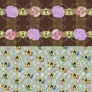 Può includere: Un motivo senza cuciture che presenta due diversi design. Il design superiore è uno sfondo marrone con un motivo ripetitivo di funghi rosa e viola con un cartello di avvertimento con teschio e ossa incrociate. Il design inferiore è uno sfondo verde chiaro con un motivo ripetitivo di cartelli di avvertimento gialli con una fiamma all'interno e disegni floreali bianchi.