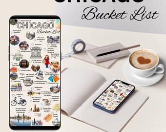 Könnte beinhalten: Eine digitale Bucket List für Unternehmungen in Chicago, Illinois. Die Liste enthält beliebte Attraktionen wie das Art Institute of Chicago, Navy Pier und das Skydeck am Willis Tower. Die Liste ist in einem Rasterformat mit Bildern und Kontrollkästchen organisiert.