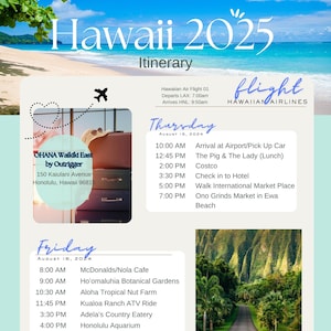 Puede incluir: Un itinerario de viaje para Hawái 2025, con un programa detallado para el jueves y el viernes, que incluye actividades como visitar el Acuario de Honolulu y Waikiki Beach. El diseño incorpora una escena de playa tropical y el logotipo de Hawaiian Airlines.