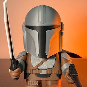 Mandalorian Inspired 3D Printed Figure | Chunkalorian | Star Wars Fan Gift | Removable Helmet and Blaster | 6.75" Tall | Darksaber accessory