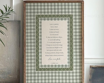 Liefde is geduldig 1 Korintiërs 13:4-8 Fysieke afdruk, aangepaste gingang-bijbeltekst, vintage christelijk huisdecor