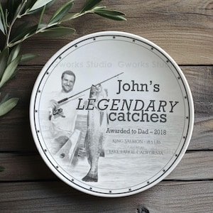 Gepersonaliseerde keramische visvangstplaat, gepersonaliseerde fotocadeau voor vader, herinneringsplaat visser