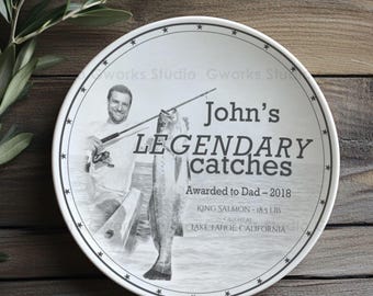 Personalized Fishing Catch Ceramic Plate, Custom Photo Gift for Dad, Angler Memory Plate