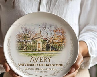 Personalized University Portrait Ceramic Plate, Custom Graduation Gift, Watercolor Campus Art, Teacher Retirement Gift