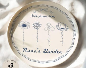 Custom Birth Flowers Ceramic Plate – Family Bouquet Art, Personalized Floral Home Décor