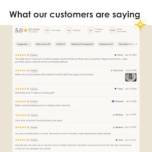May include: A webpage showing customer reviews with a 5-star rating. The title reads "What our customers are saying". Reviews mention product quality, customer service, and delivery speed, with positive feedback.