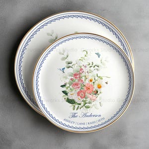 Custom Birth Flowers Family Bouquet Plate – Mothers Birthday Gift Personalized Family Portrait Ceramic Dinnerware