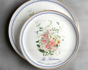 Custom Birth Flowers Family Bouquet Plate – Mothers Birthday Gift Personalized Family Portrait Ceramic Dinnerware