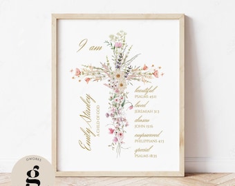Bloemenkruis gepersonaliseerde doopkunst aan de muur - petekind inwijding doopbord afdrukbare kinderkamerdecoratie