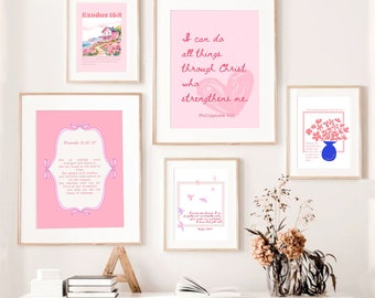 Pink Christian Gallery Wall Art Bundle – Bible Verse Prints Set-of-6 Psalm Isaiah (Digital Download)