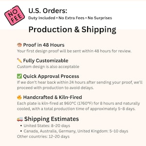 May include: Informational graphic detailing production and shipping information. Text includes "U.S. Orders," "Production & Shipping," and details on proofing, customization, and approval processes. It also mentions handcrafted and kiln-fired processes.