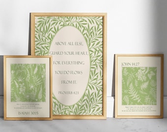Vintage Bible Verse Wall Art : Botanical Christian Scripture Prints, Green, Proverbs Isaiah Set, Digital