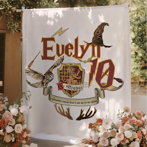 Fondo de cumpleaños de escuela de magia personalizado, decoración de fiesta de mago, arte de pared de Potterhead, pancarta de cumpleaños malvada, letrero de mago personalizado, regalo de mago