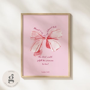 Decoración de habitación rosa coqueta, versículo bíblico imprimible, arte de pared, regalo cristiano para niña, póster moderno con lazo rosa para dormitorio, decoración infantil, descarga instantánea