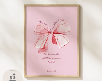 Coquette Pink Bible Verse Print: Modern Pink Bow Dorm Poster, Christian Nursery Wall Art