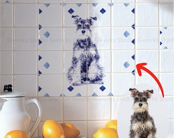 Custom Pet Portrait Ceramic Tile Set, Cat Dog Mom Gift, Delft Blue Personalized Backsplash