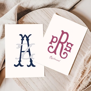 May include: Two white cards with navy blue and burgundy monogram designs. The first card features a navy blue monogram with the letters "AZ" in a decorative font. The second card features a burgundy monogram with the letters "PRS" in a decorative font. The text "Richmond" is printed below the monogram.