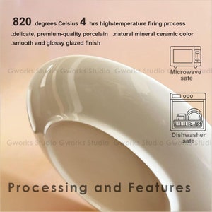 May include: Close-up of a white porcelain bowl with a smooth, glossy finish. The image highlights the bowl's features, including its high-temperature firing process at 820 degrees Celsius, and that it is microwave and dishwasher safe. Text at the bottom reads "Processing and Features."
