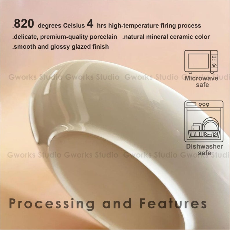 May include: Close-up of a white porcelain bowl with a smooth, glossy finish. The image highlights the bowl's features, including its high-temperature firing process at 820 degrees Celsius, and that it is microwave and dishwasher safe. Text at the bottom reads "Processing and Features."