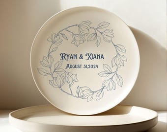Personalized Ceramic Plate: Flower Wreath, Wedding, Anniversary, Housewarming Gift