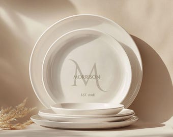 Custom Monogram Ceramic Dinnerware – Personalized Housewarming Home Décor, Wedding or Family Sign Gift