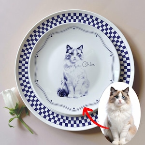 May include: White ceramic plates with a blue and white checkered border and a detailed illustration of a cat. The cat illustration is in the center of the plate, with the name "Chloe" written in script. A white rose is in the background.