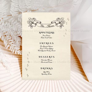 May include: A vintage-style menu with a whimsical illustration of a banner and a decorative flourish. The menu lists appetizers, entrees, desserts, and drinks. The text reads "The Menu", "Appetizers", "Tuna Tartare", "Petite Crab Cakes", "Entrees", "Pan Roasted Salmon", "Bone-in Prime Ribeye", "Herb Roasted Turkey Breast", "Desserts", "Chocolate Mousse", "Berries and Cream", "Drinks", "Red Wine", and "Sparkling Water".