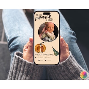 Anuncio de nacimiento ingenioso y apto para dispositivos móviles: "Nuestra pequeña calabaza" / Plantilla digital personalizable / Anuncio de nuevo bebé para compartir al instante