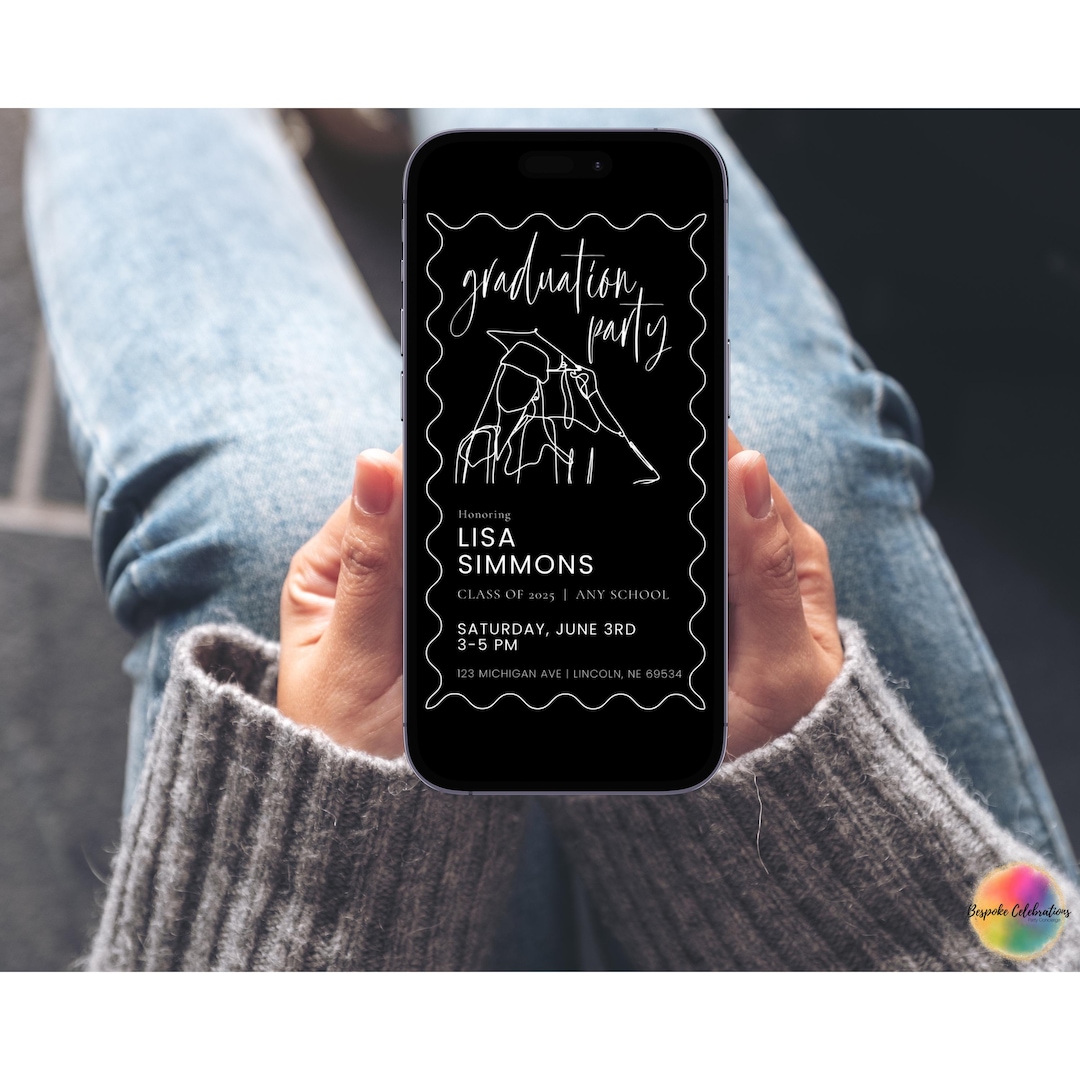 Female Mobile Modern Black & White Grad Invite | Editable Template ...