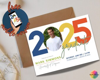 Editable 2025 Graduation Invitation | 5x7 Printable & FREE Mobile-Friendly | Custom Photo Grad Party Invite | Bold Color Modern Design
