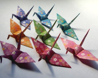 96 Small Floral Pattern Origami Paper Cranes - Made of 7.5cm 3 inches Japanese Paper - Flower Design
